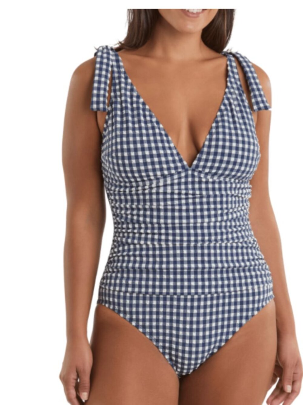 Ellen Tracy Gingham One Piece Swimsuit Ruched Tie Strap NWT Size M